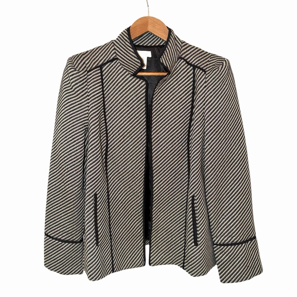 Chico’s Sz 0 Textured Black Diagonal Stripe Open Front Blazer Jacket Workwear